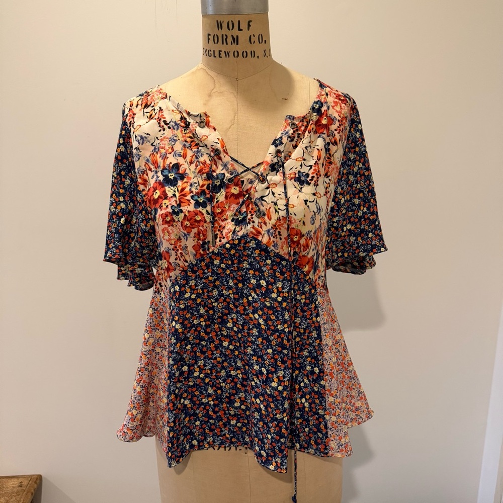 Lace up floral blouse